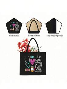 一套护士主题帆布手提袋和化妆包，休闲风格，布料材质，固定肩带，印有听诊器、心形、注射器、体温计图案，“她的双手勤劳” - 黑色 - 查看 8