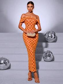 Fuaheng 女士露肩亮片露背高开衩连衣裙，优雅正式晚礼服，适合婚礼宾客、毕业典礼、晚宴礼服、长袍 - 橘色 - 查看 3