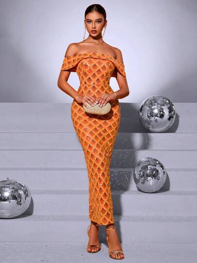 Fuaheng Robe fendue dos nu à épaules dénudées et sequins pour femmes Fuaheng, robe de soirée élégante pour invité de mariage, remise de diplôme, dîner, gala