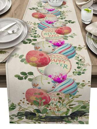 1pc Rabbit & Easter Egg Printed Table Runner, Easter Home Decor, Indoor/Outdoor Party Supplies, Suitable For Easter Home Kitchen Decoration And Easter Party Decoration
