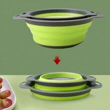Juego de 1/2 piezas Colador plegable de silicona, escurridor con mango ahorra espacio, cesta de drenaje plegable para frutas, verduras, pasta - Herramienta de cocina verde para un almacenamiento fácil