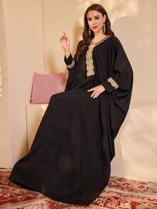 Women's /Arabian Style Embroidered Trim Fashion Dress/Robe - Black - View 6