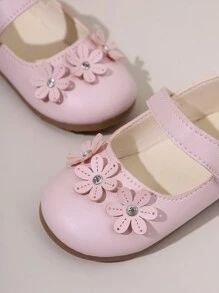 Girls Leather Shoes Children Princess Shoes Flat Soft Bottom Non-Slip Wear-Resistant Simple Fashion PU Flower Rhinestone Decor Shoes, Suitable For Indoor & Outdoor Wear