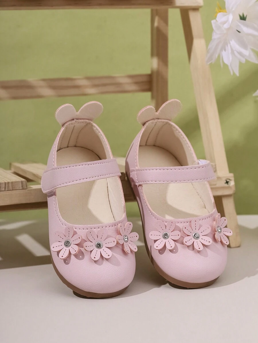 Girls Rabbit Ear Floral Princess Mary Jane Shoes, Soft Sole Hook And Loop Walking Shoes For Toddlers, Versatile Flat Shoes For Parties - Pink - View 1