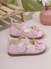 Girls Leather Shoes Children Princess Shoes Flat Soft Bottom Non-Slip Wear-Resistant Simple Fashion PU Flower Rhinestone Decor Shoes, Suitable For Indoor & Outdoor Wear