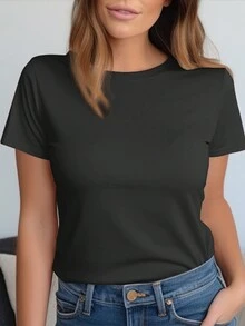 Retro Housewife Funny Satire Women's Single Side Printed Short Sleeve T-Shirt Round Neck Summer Fashion Solid Basic T-Shirt Tops Casual Summer Shirts - Black - View 3