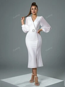 Fuaheng V-hals lantaarnmouw strass decor taille versmallende witte nauwsluitende jurk, feestjurk, bruiloftsgastjurk, formele jurk, avondjurk