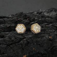 2pcs Hip-Hop Cross Luxury Cubic Zirconia Hexagon Stud Earrings, Fashionable Minimalist Personalized Earrings For Men & Women