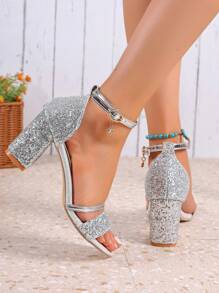 2026春夏新款香槟色高跟鞋，女士闪亮猫跟鞋，露趾凉鞋，派对鞋，度假必备，女士办公高跟鞋，休闲粗跟凉鞋 - 銀色 - 查看 3