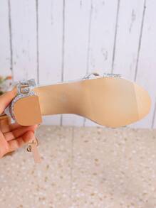 2026春夏新款香槟色高跟鞋，女士闪亮猫跟鞋，露趾凉鞋，派对鞋，度假必备，女士办公高跟鞋，休闲粗跟凉鞋 - 銀色 - 查看 8