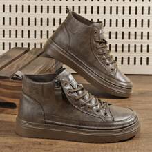 新款低帮男鞋冬季保暖内衬保暖冬鞋休闲皮鞋黑色皮革表面防水中帮靴男鞋 - 棕色 - 查看 4