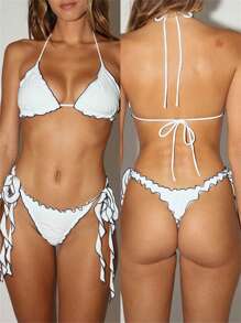 Women's 2 Piece Swimsuits Contrast Stitch/Plaid Print Bikini Set Summer High Cut Two Piece Bathing Suits - White - View 7