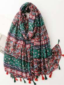 Tasseled Shawl Bohemian Elegant Style Scarf, Fashionable Colorful Striped Print Women's Silk Scarf, Lightweight Large Scarf For Spring/Summer, Versatile For Outdoor, Beach, Headwrap