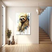 Watercolor Sloth With Leaves Large Wooden Framed Wall Art Home Decor Canvas Painting- For Bedroom, Bathroom, Living Room, Office, Kitchen, Holiday Gift- 1pc - Multicolor - View 4