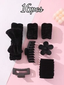 16 piezas Accesorios de color rosa que incluyen: diadema acolchada con forma de onda, muñequera, scrunchie esponjoso, pinza para el cabello con flor