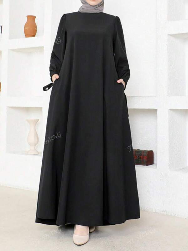 Women's Solid Color Crew Neck Long Sleeve Pocketed Casual Arabic Style Dress,Modest