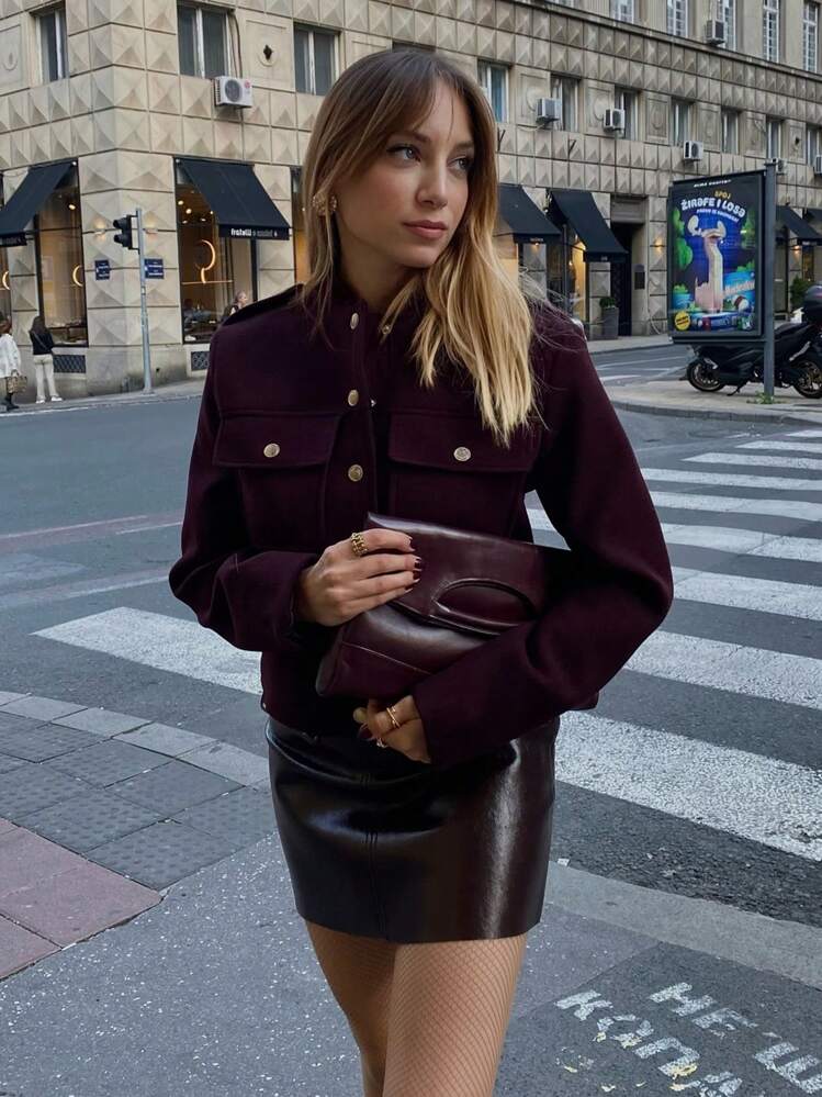 Jaqueta de Outono Feminina Vinho Tinto de Gola Redonda, Mangas Longas, Bolsos, Botões, Abotoamento Único, Casacos Casuais de Moda Feminina - Vinho - Visão 5