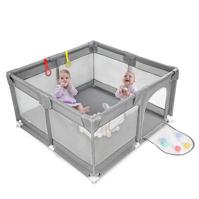 Sour Lemon Baby Playpen For Baby And Toddlers, Kid's Fence With Anti-Collision Foam And Breathable Mesh, 127 X 127CM Indoor Kids Activity Center Playpen, Including 50 Ocean Balls And 4 Pull Rings