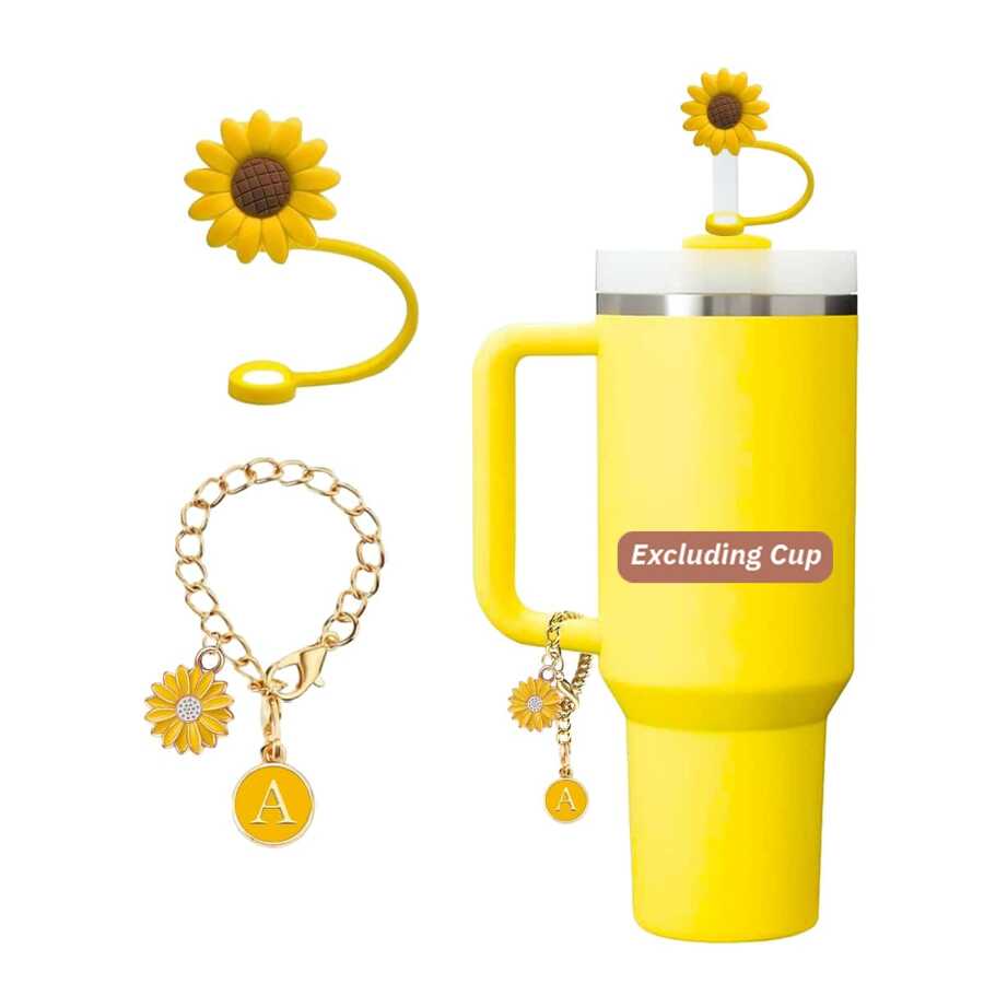 2 件装杯子配件，1 件适用于 30&40 盎司玻璃杯的花朵吸管盖硅胶吸管盖，带手柄，1 件杯子首字母饰物 - 向日葵 - 查看 1