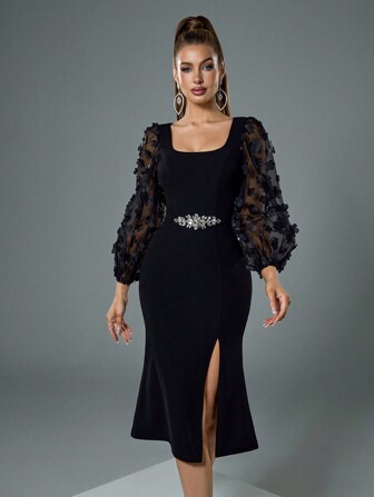 Fuaheng 方领蕾丝花长袖重工装饰腰部喇叭下摆开衩优雅舞会礼服、派对礼服、婚礼宾客礼服、舞会礼服