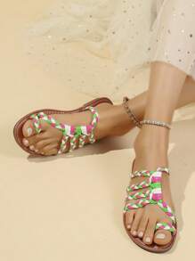 Women's Handmade Green, White, Red Color-Block Slip-On Sandals, Anti-Slip, Fashion, Comfortable, Classic Design