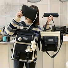 4pcs/Set Simple Leisure Backpack Large Capacity Schoolbag Travel Bag Canvas Shoulder Bag - 黑色 - 查看 2