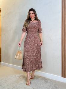 Women's Floral Pleated Summer Dress - 棕色 - 查看 1