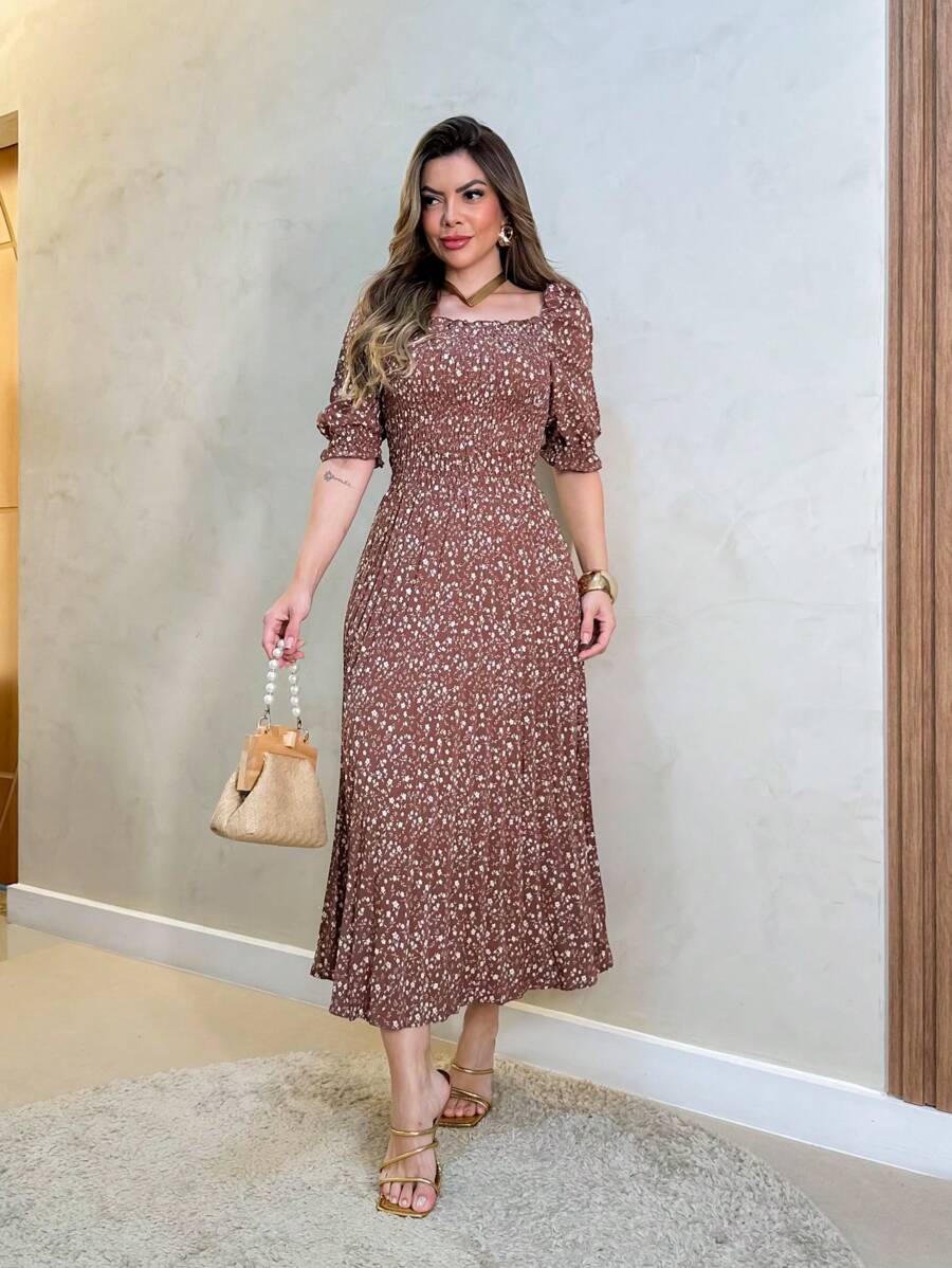 Women's Floral Pleated Summer Dress - 棕色 - 查看 1