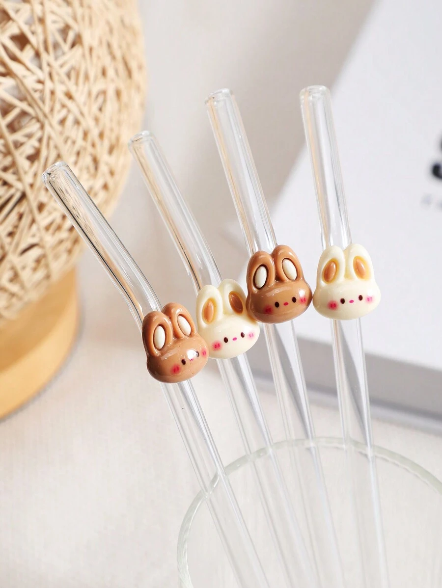 1pc Heat-Resistant Glass Straw With Rabbit Ear Decor, Perfect For Drinking Juice, Milk Tea, Coffee, Cold Drinks. Bent Straw Design, Suitable For Back To School, Gifts, Christmas, Valentine's Day, New Year, Birthday, Elegant Gift Set