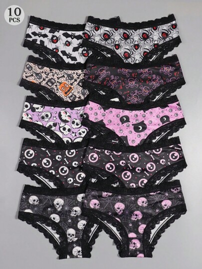 Dircho 10 piezas Bragas cómodas de estilo gótico sexy y lindo para mujer - Encaje de contraste, estampado por toda la prenda con calaveras, ojos y estrellas y calabazas de Halloween, ropa interior tipo hipster para mujer - Lencería y ropa interior de Halloween - Estilos surtidos, idea de regalo perfecta para ocasiones especiales o uso diario