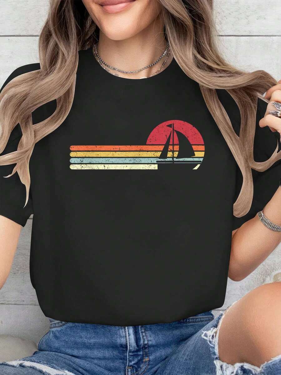 Sailboat Print T-Shirt, Casual Crew Neck Short Sleeve Comfort Tee Top For Spring & Summer, Women's Clothing - 黑色 - 查看 1