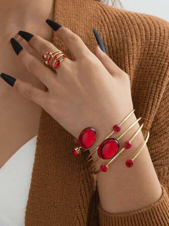 1 Set de joyería de pulsera y anillo de múltiples capas con línea de cristal rhinestone, regalo de San Valentín para mujer, mamá, madre, Día de la Madre