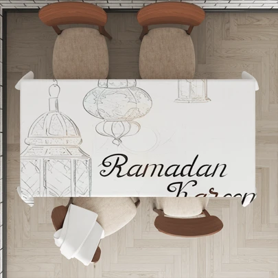 斋月系列，开斋节快乐，浅色斋月节日灯笼，月亮图案，黑白节日祝福印花桌布，斋月/斋月卡里姆（斋月），斋月穆（斋月）桌布，隔热桌布，西式餐桌布，餐桌装饰