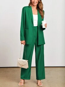 Women's Spring Two-Piece Work Suit Casual Loose Long Suit Jacket And Formal Wide Leg Pant Suit With Pockets - Green - View 3