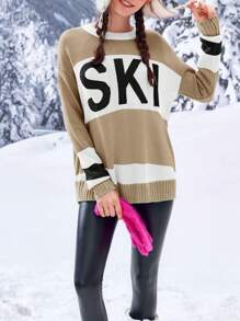 Women's Fall Ready ColorBlock Oversized Sweaters Ski Print Crew Neck Long Sleeve Pullover Knit Tops - 卡其色 - 查看 1