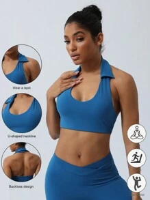Sodalemon Spring And Summer Women Solid Color Halter Backless Lapel Backless Sport Bra - Blue - View 7