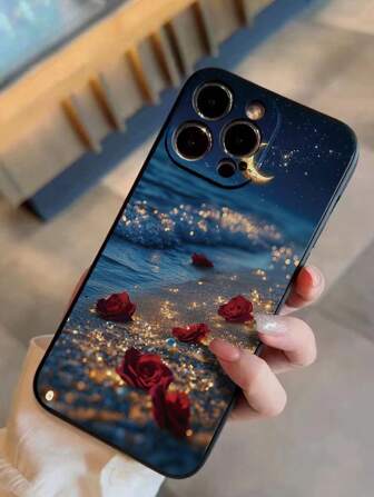 Beach Perforated Edge Eid Al-Fitr Rose & Moon Pattern Shockproof Phone Case Compatible With Iphone 16/16 Pro/16 Plus/16 Pro Max, P14 Pro Max, P13, P11, P12, XR, 7, 8, GES2 Waterproof Anti-Fall Scratch Resistant