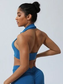 Sodalemon Spring And Summer Women Solid Color Halter Backless Lapel Backless Sport Bra - Blue - View 3