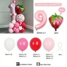 49 pièces Ensemble décoratif de ballons multicolores numérotés avec feuille de nacre thème fraise, convient pour la décoration d'anniversaire papillon, photo de décor, célébration d'anniversaire, événements intérieurs et à thème - Rose bonbon - Voir 11