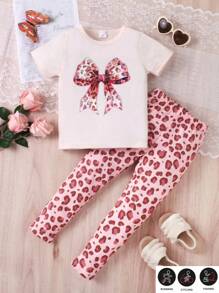 2pcs/Set Girls Casual Bowknot Leopard Print Soft & Comfy Knitted Short Sleeve T-Shirt And Pants Set, Spring/Summer Sports Outfit