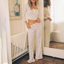 Women Pajama Set Heart/Bear Print Long Sleeve Crop Tops Elastic Waist Long Pants 2 Pcs Lounge Outfit