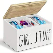 Chic French Country Wooden Bathroom Organizer With Lid - 3-Compartment Storage Box For Girls' Essentials, Sanitary Pads & Accessories, Removable Dividers