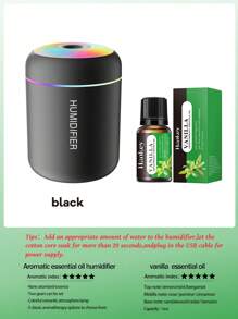 USB香薰加湿器，带冷雾和LED彩灯，小型加湿器，香薰喷雾机，有黑色和白色两种，持久清新空气，非常适合汽车、卧室、办公室、浴室、卫生间、客厅、书桌 - 完美的礼物，您可以选择6种精油，