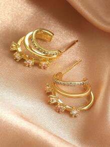 1pair Retro Geometric Copper Inlay Zirconia Asymmetric Earrings For Women - C-shaped Three-claw Earrings - View 8