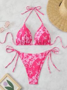 Bộ bikini hai mảnh dáng rộng, co giãn tốt, cổ yếm, họa tiết hoa, thích hợp cho kỳ nghỉ hè trên bãi biển, màu hồng. - Hồng - Xem 2