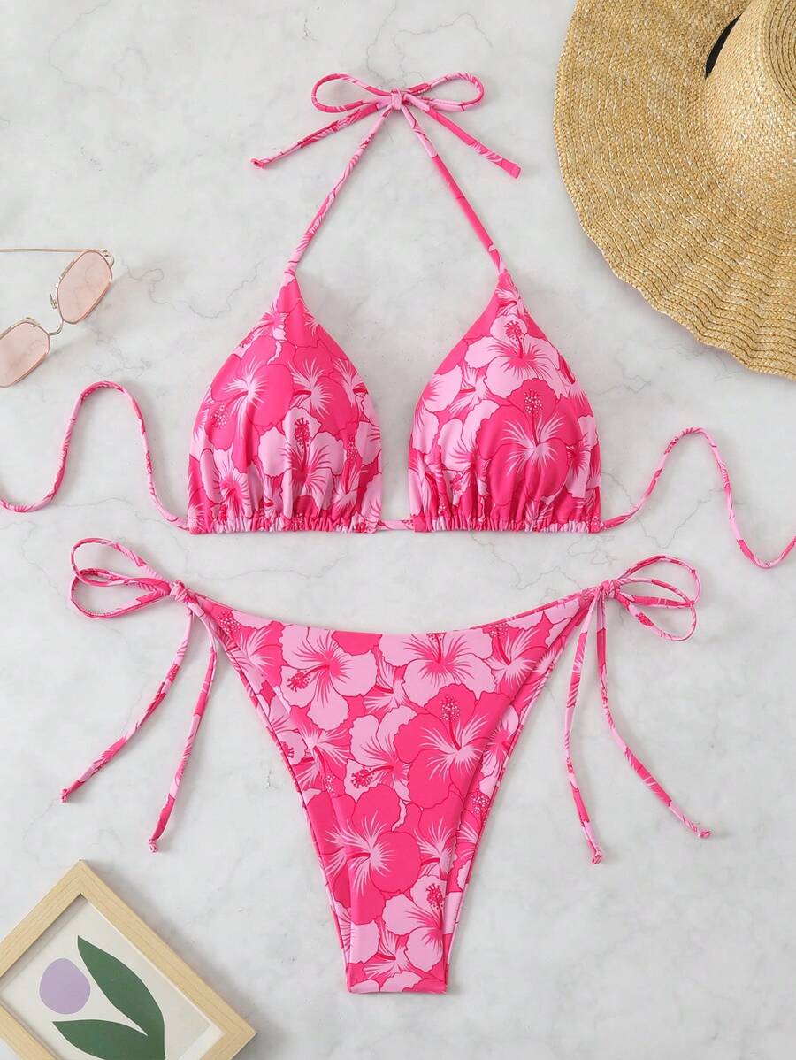 Bộ bikini hai mảnh dáng rộng, co giãn tốt, cổ yếm, họa tiết hoa, thích hợp cho kỳ nghỉ hè trên bãi biển, màu hồng.