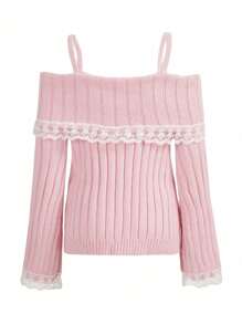 Women Y2k Off The Shoulder Sweaters Long Sleeve Contrast Lace Knit Pullovers Bow Front Jumper Tops Fall Streetwear Fairy Aesthetic Clothes For Teen Girls - 粉色 - 查看 2