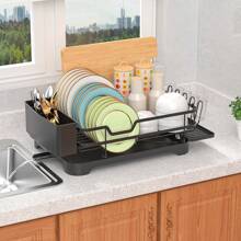 E-MANIS Dish Drainer,Single Layer Tableware Dish Rack,With Drip Tray,Dish Drying Rack With Removable Cutlery Holder,Sink Drainer Rack For Kitchen, Black
