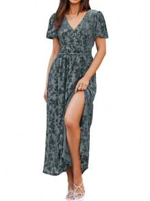 Women's Velvet Maxi Dress V Neck Short Sleeve Empire Waist Semi Formal Long Cocktail Dresses - 灰藍色 - 查看 1