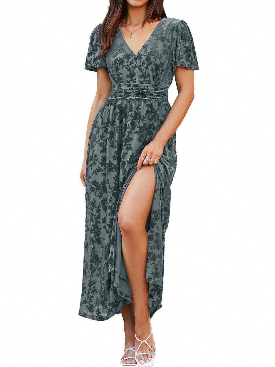 Women's Velvet Maxi Dress V Neck Short Sleeve Empire Waist Semi Formal Long Cocktail Dresses - 灰藍色 - 查看 1